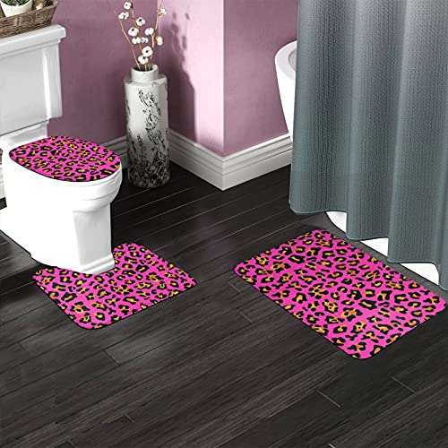 MBNGGAB Badematte + Konturmatte + WC-Deckelbezug, Rosa Leopardenmuster 3 Stück Badematten Set, mit rutschfester… – Bild 3