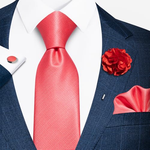 Image of Solid Color Ties Set Men Handkerchief Cufflinks Brooch 3.15 inches Classic Formal Necktie Pocket Square Set