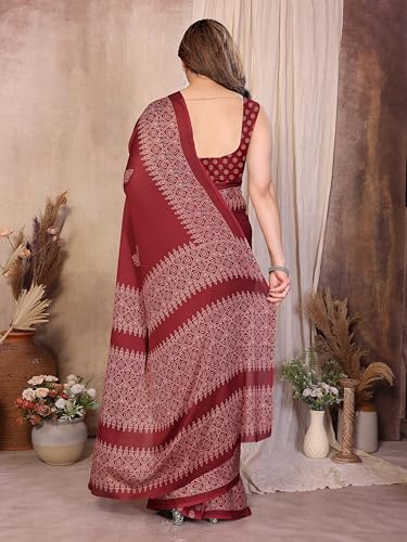Image of Amazon Brand - Tavasya Womens Blocked Printed Daily Wear Chiffon Georgette Saree With Blouse With Blouse