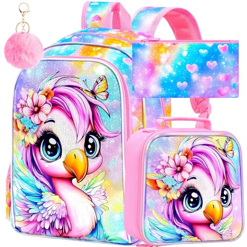 Image of 3Pcs Flamingo Backpack for Girls, 16 inch School Bookbag Set with Lunch Box，Kids Backpacks for Elementary Preschool Kindergarten (Rainbow)