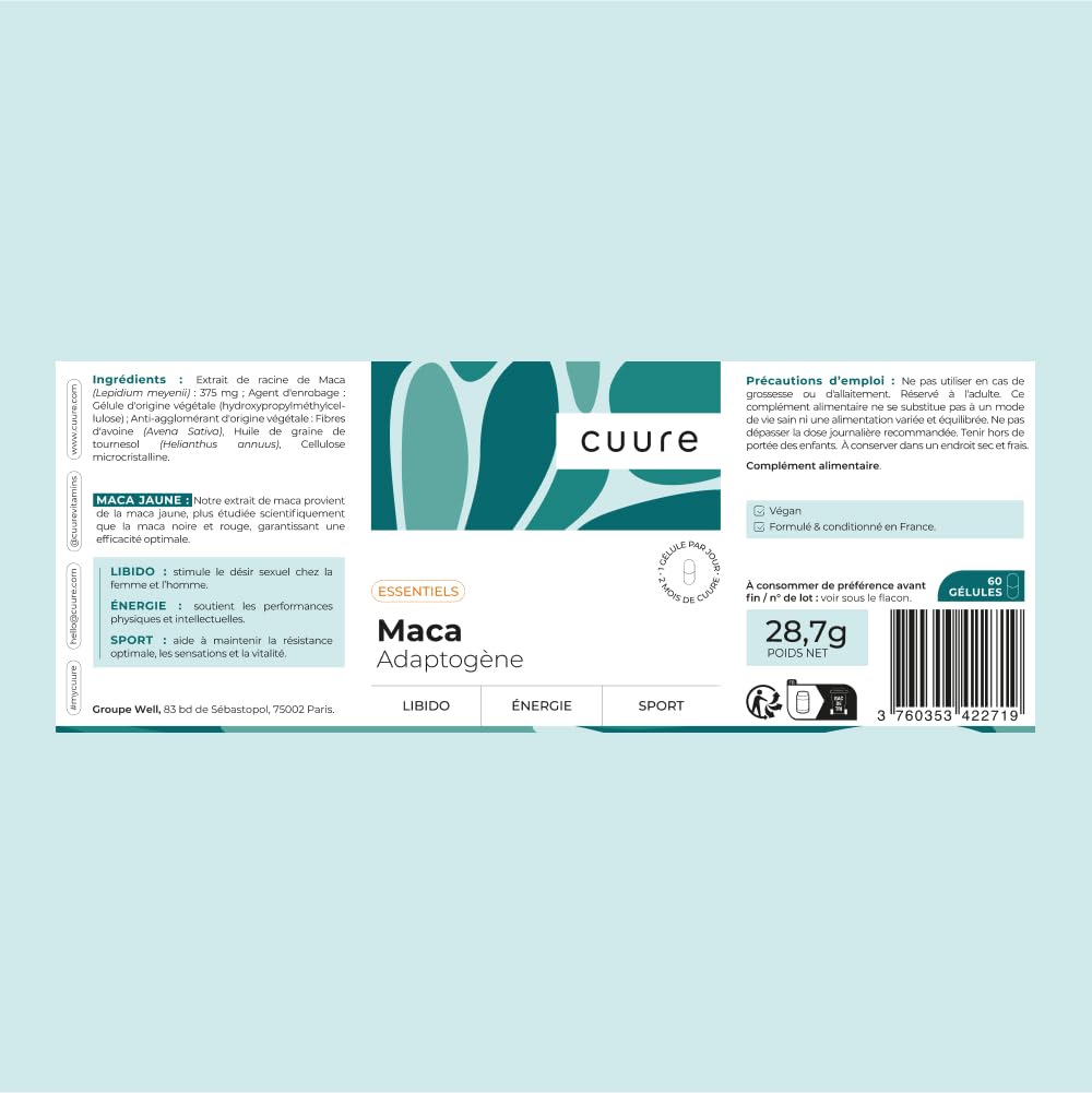 Maca Jaune - CUURE - Racine Naturel du Pérou - Perfomances Physiques et Sportives - Fertilité - Régulateur Hormonal - 60 Jours - Conditionné et Formulé en France