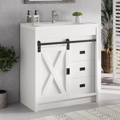 4ever2buy 31" Farmhouse Bathroom Vanity with Sink, Small White Bathroom