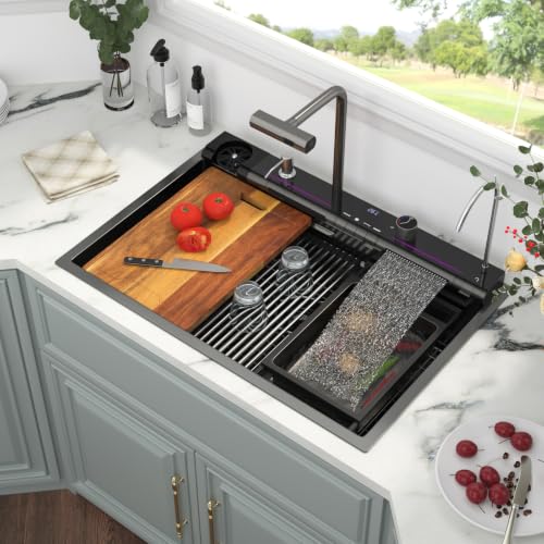 Image of Kichae 33x22 Drop In Waterfall Kitchen Sink Black Stainless Steel 16 Gauge