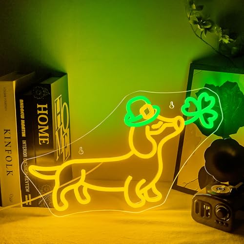 Looklight Shamrock Neon Lights Dog Sign Cute Dachshund With Hat LED Wall Decor, St Patricks Day Window Lights Puppy Sign for Coffee Bars, Birthday Gifts & Dog Lover Party Decorations by Looklight - Used condition - US$8.74
