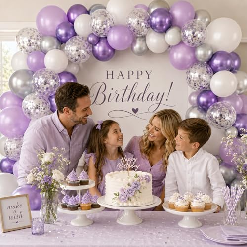 Image of Purple and Silver Balloons 60PCS Pastel Purple Balloons, 12 Inch Metallic Silver Confetti and White Latex Balloon for Girls Women Birthday Wedding Baby Shower Bridal Shower Graduation Party Decor