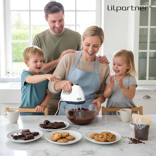 Image of LILPARTNER Hand Mixer Electric, Ultra Power Kitchen Hand Mixer With 7-Speed & 5 Stainless Steel Accessories for Whipping Dough, Cream, Cake, Dishwasher Safe, Light White