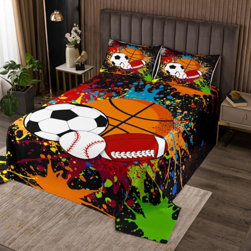 jejeloiu Mixed Ball Bedspread Twin Size Baseball Quilted Coverlet for Boys Girls Teens Basketball Coverlet Set Football Quilted Room Decor Multiful