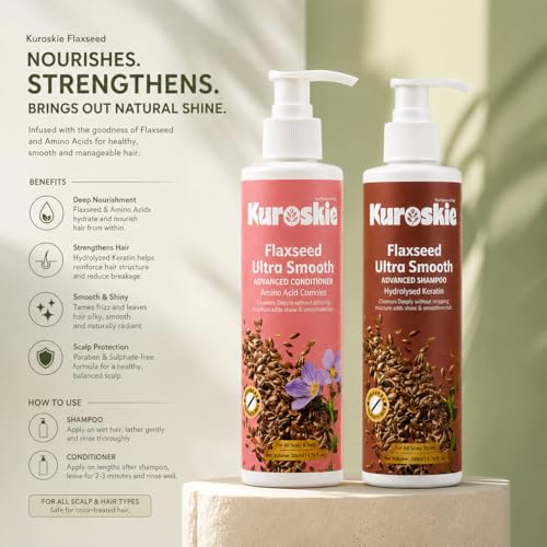 Image of Flaxseed Ultra Smooth Shampoo & Conditioner Combo | Flaxseed Extract, Hydrolysed Keratin & Amino Acid Complex | Anti Frizz, Smooth & Shiny Hair | Sulphate & Paraben Free | Men & Women | Shampoo 200ml + Conditioner 175ml