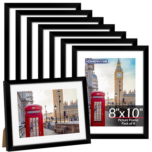 HOMERHYME 8x10 Picture Frame Set of 8 Black Photo Frames for Tabletop or Wall Display Fits Pictures 5x7 with Mat or 8x10 Without Mat Frame Collage with HD Plexiglass for Gallery Home Wall Decor