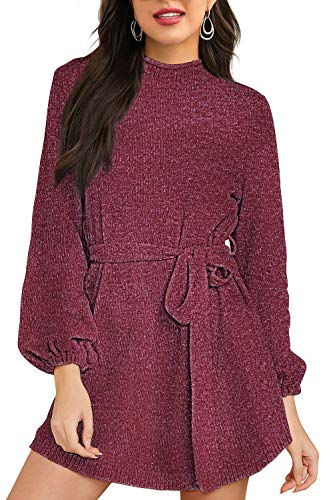 HAPCOPE Women's Mock Neck Lantern Long Sleeve Chenille Mini Dress with Belt Wine Red S