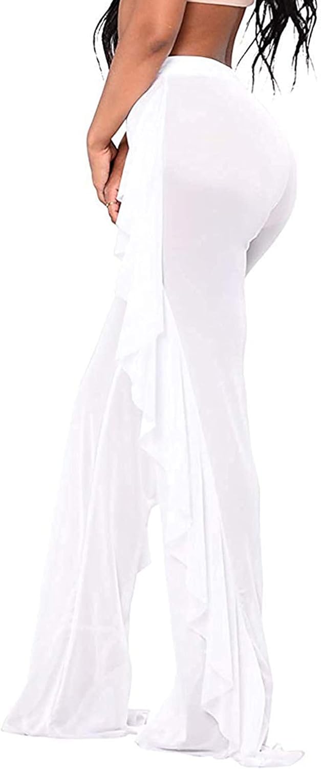 Springcmy Women Ruffle Sheer Mesh Pants See Through Bikini Bottom Swimsuit Cover up Wide Leg Beach Pants - Image 3