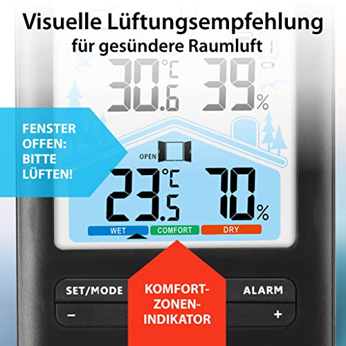 Foto von ADE Wetterstation Funk mit Außensensor und Funkwecker | mit Lüftungsempfehlung | Hygrometer, Thermometer | 2 Weckzeiten | animierte Wettervorhersage | Schlummerfunktion | LCD-Farbdisplay
