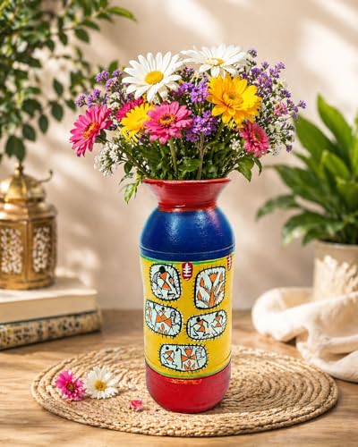 Image of Premium Handmade Terracotta Flower Vase | Handpainted Clay Home Decor Showpiece | Unique Gift Item | Artistic Handpainted Clay Pot for Living Room Decor & Gifting
