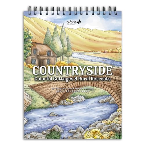 ColorIt Campo: Livro de colorir colorido para adultos de chalés e retiros rurais com 50 ilustrações de cenas rurais, papel perfurado grosso, capa dura e papel absorvente de tinta