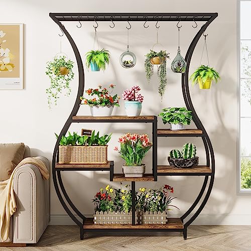 Image of Tribesigns 6-Tier Plant Stand, 70.9 Inch Tall Plant Shelf with 10 Hanging Hooks, Vase Shape Ladder Plant Stand, Multi-Purpose Plant Display Rack for Indoor, Balcony, Living Room, Brown and Black
