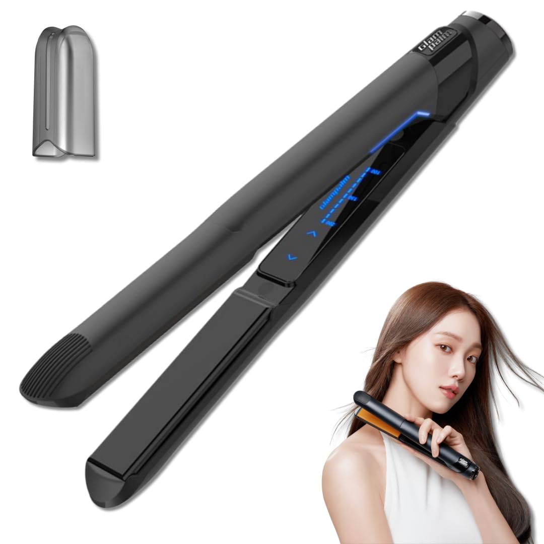 GLAMPALM GlamMuse 1" | All-Ceramic Flat Iron Infused with Vita-C, Salon Results with Less Heat Damage, Trusted by K-Pop Hair Stylists, Dual Voltage Hair Straightener, Silk Press | GP201T