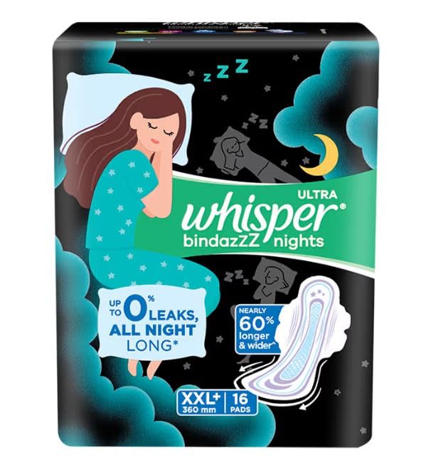 WHISPER BINDAZZZ NIGHTS SANITARY PADS, 16 XXL+ PADS, UPTO 0% LEAKS ALL NIGHT LONG, FOR HEAVY FLOW, 60% LONGER & WIDER BACK, COMFORTABLE (B0CZM795KB) Amazon Price History, Amazon Price Tracker