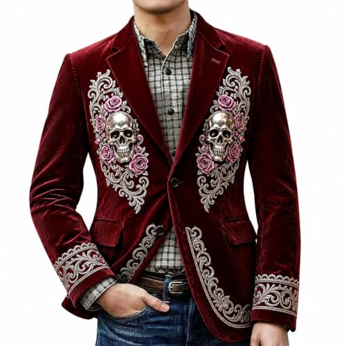 Mens Gothic 3D Skull Rose Pattern Corduroy Blazer Slim Fit Outerwear - image 1