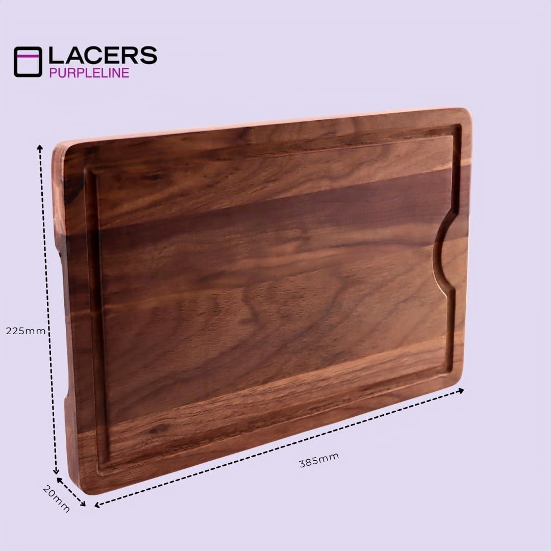 Lacers PurpleLine Tabla de cortar de madera de nogal con canal de zumo, pies antideslizantes y diseño elegante, tabla de cortar premium para cocina, pan, carne y verduras, 385 x 255 x 20 mm