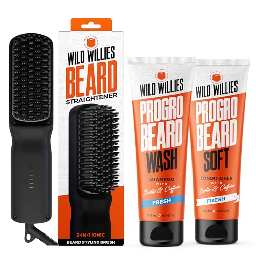 Wild Willies Beard Grooming Kit - Beard Straightener for Men, PROGRO - Fortified with Biotin & Caffeine for Hair Growth, Wash, Hydration - Ionic 2-in-1 Heated Comb Brush, Made in USA