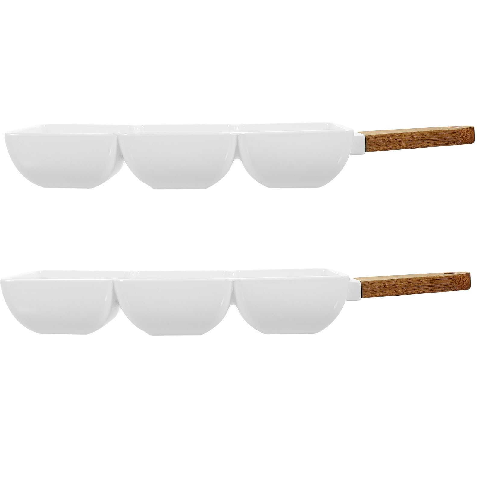 Zerodeko 2 Piezas Tazón de Snacks Cuenco para Aperitivos de Cerámica Blanco de 3 Compartimentos con Asa de Madera, Cuadrado, Portátil, para Restaurante y Tienda de Alimentación