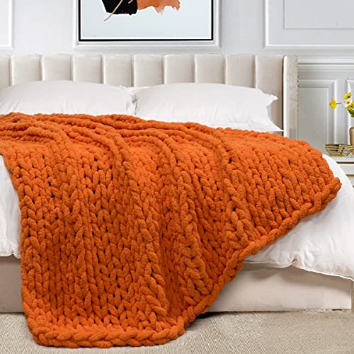 Carriediosa Chunky Knit Throw Blanket Chenille Loop Yarn Handmade Soft Fluffy Throws For Couch Sofa Bed Home Decor Breathable Cozy Heavy Thick Knitted Blanket Washable, 50" X 60" Bright Orange #TOP1