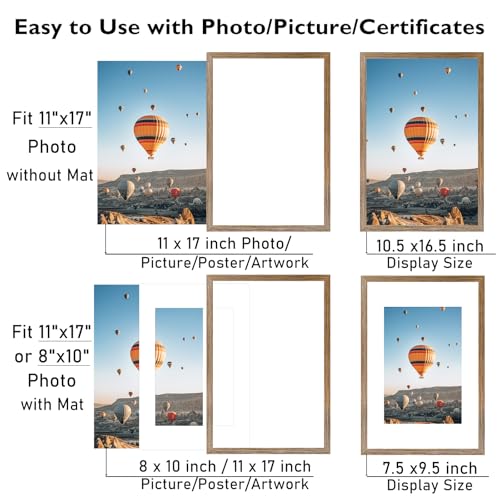 Image of JCJMY 11x17 Picture Frame Rustic Brown with 8x10 Mat, Display Photo 8x10 with Mat or 11 x 17 Without Mat, Wall Hanging Large 11x17 Poster Frame with Shatter Resistant Plexiglass, Rustic Brown