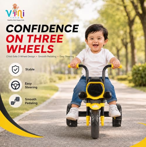 Image of GXR Tricycle for Kids 2 to 5 Years | Baby Cycle 2 to 5 Years | Baby Tricycle & 3 Wheeler Cycle for Kids with LED Headlight, Rhyme Music, EVA Wheels, Backrest & Steel Frame (Yellow)