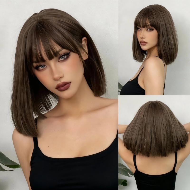 Short Straight Bob Brown Human Hair Wigs With Bangs Natural Look Glueless For Women Daily Use (Dark Brown)