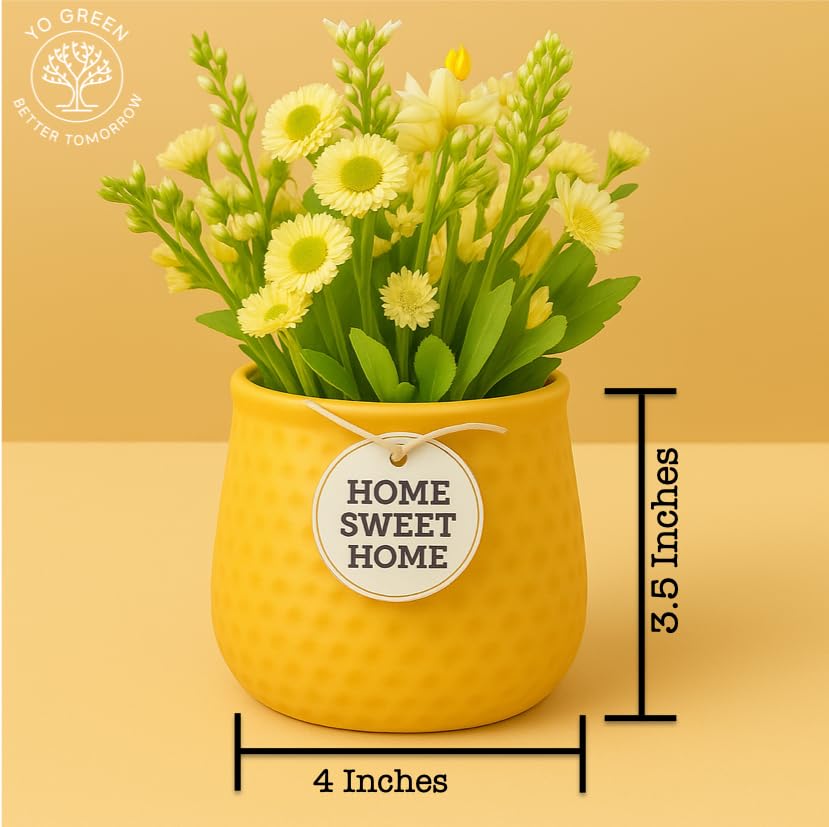 Image of Yo Green Ceramic Plant Pot for Indoor & Outdoor, Modern Planter for Home & Office Decor, Durable, Stylish Finish, Ideal for Tabletop, Shelf, Balcony, Great Gift Idea (Yellow, 4 Inches)