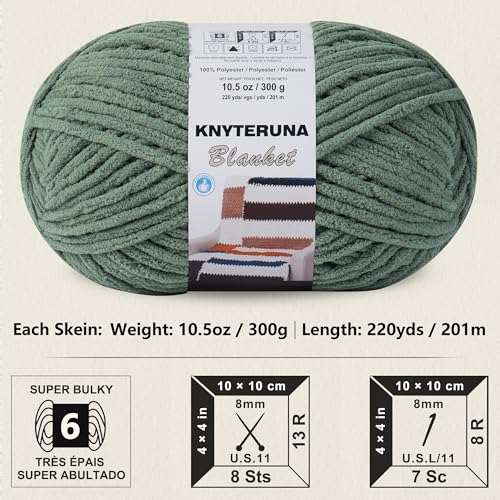 Image of #6 Super Bulky Blanket Yarn for Crocheting - 4 Skeins(Each 10.5oz /300g, 220yds /201m), Chunky Chenille Thick Plush Big Soft Yarn for Crocheting Knitting Blankets, Smoky Green