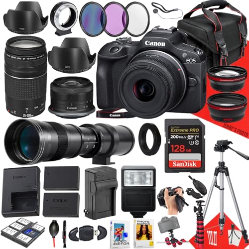 Canon EOS R100 Mirrorless Camera with RF-S 18-45mm f/4.5-6.3 IS STM, EF 75-300mm f/4-5.6 III and 420-800mm f/8.3 HD Lens + 128 GB Memory + Filters + More (35pc Bundle) (Renewed)