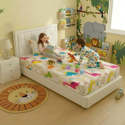 Image of Filymore Kids Dinosaur Bedsheet Single Bed | Cartoon Dino Print | 240 TC Microfiber | 90x60 inches | 1 Bedsheet + 1 Pillow Cover | Green & White
