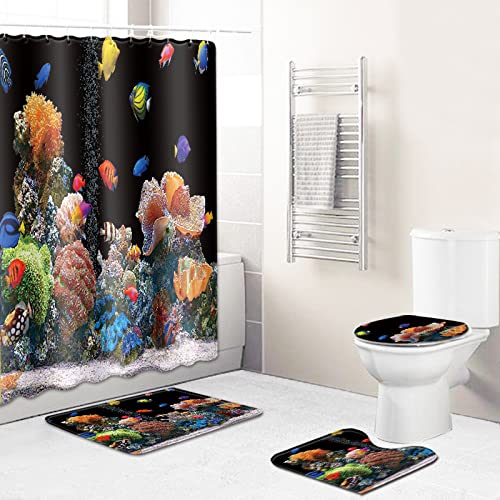 Duschvorhang Bunte Fische Badezimmerteppich 4-Teiliges Set, Duschvorhang 180x180 Polyester+Badematte rutschfeste(45x75…