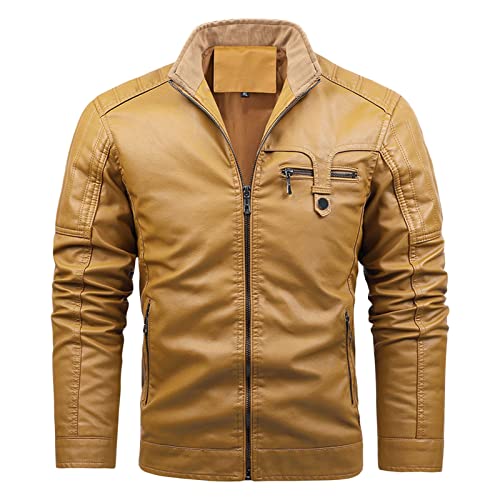 Maiyifu-GJ Men Vintage Stand Collar Leather Jacket Faux Leather Fleece Lined Motorcycle Jacket Lightweight PU Zip Up Outwear (Yellow 1,XX-Large)