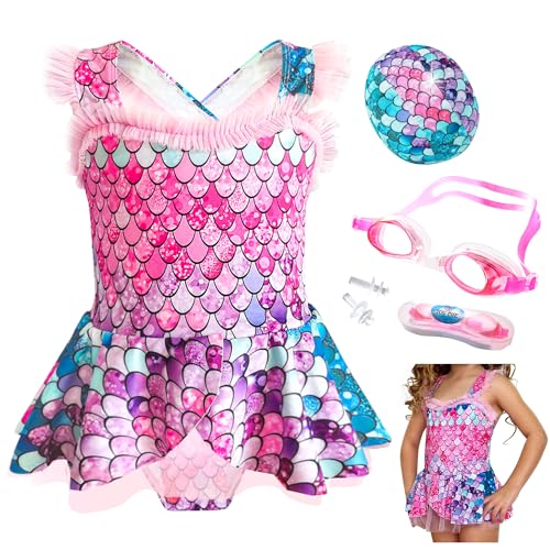 Catálogo de Cola de Sirena Walmart Top 5. 41 Nasjac Traje de Baño de Una Pieza Sirena para Niñas, 5 Piezas Conjunto de Bikini con Gorro de Natación y Gafas, Trajes de Bañador de Princesa con Volantes para 3 a 10 Años...