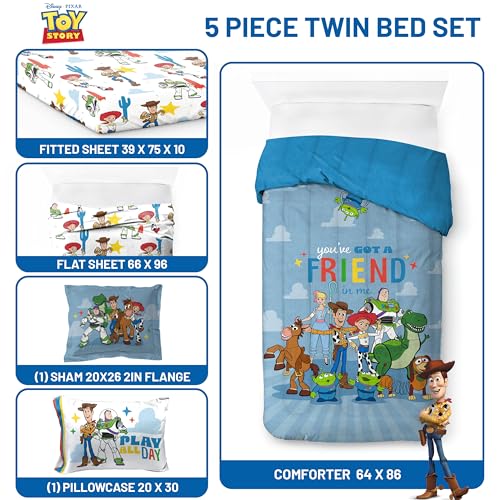 Image of Jay Franco Disney Pixar Toy Story 5 Piece Twin Bed in a Bag Kids Comforter Set with Sheets & Sham, Super Soft Microfiber, Machine Washable, Woody & Buzz Lightyear, Blue (Officially Licensed)