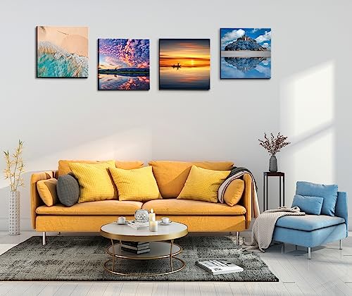 Image of Beach Canvas Wall Art Decor for Bathroom Decor, Ocean Waves Artwork Colorful Nature Landscape Framed Pictures Prints for Bedroom Living Room Office Decoration 12 inchx12 inchx4 panel