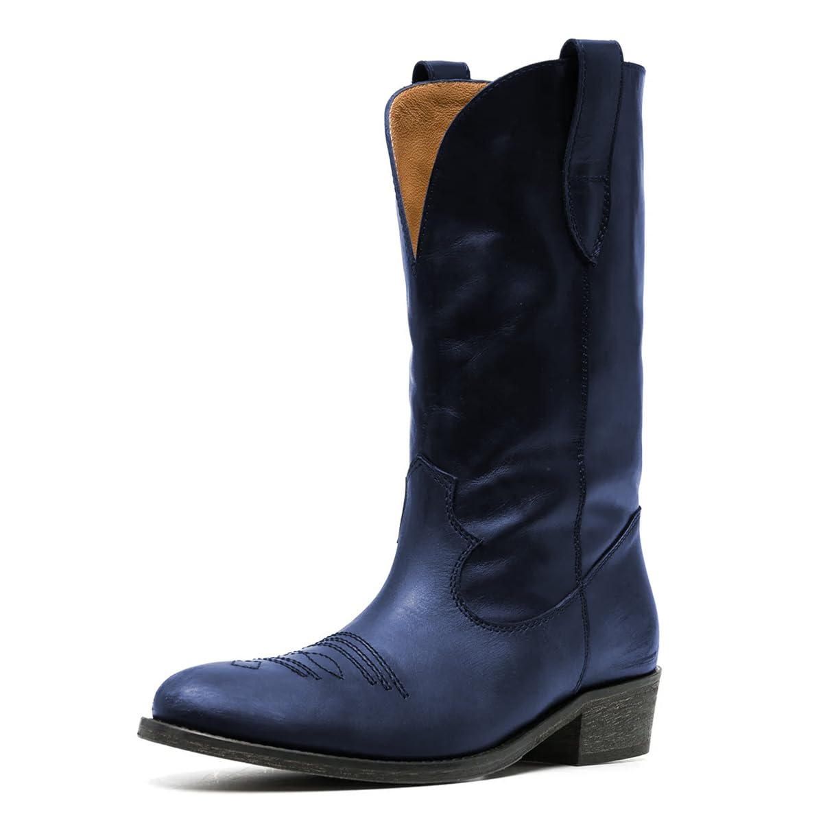 FOWT Women Round Toe Mid Calf Boots Chunky Block Low Heel Cowboy Boots Pull on Casual Daily Outfit