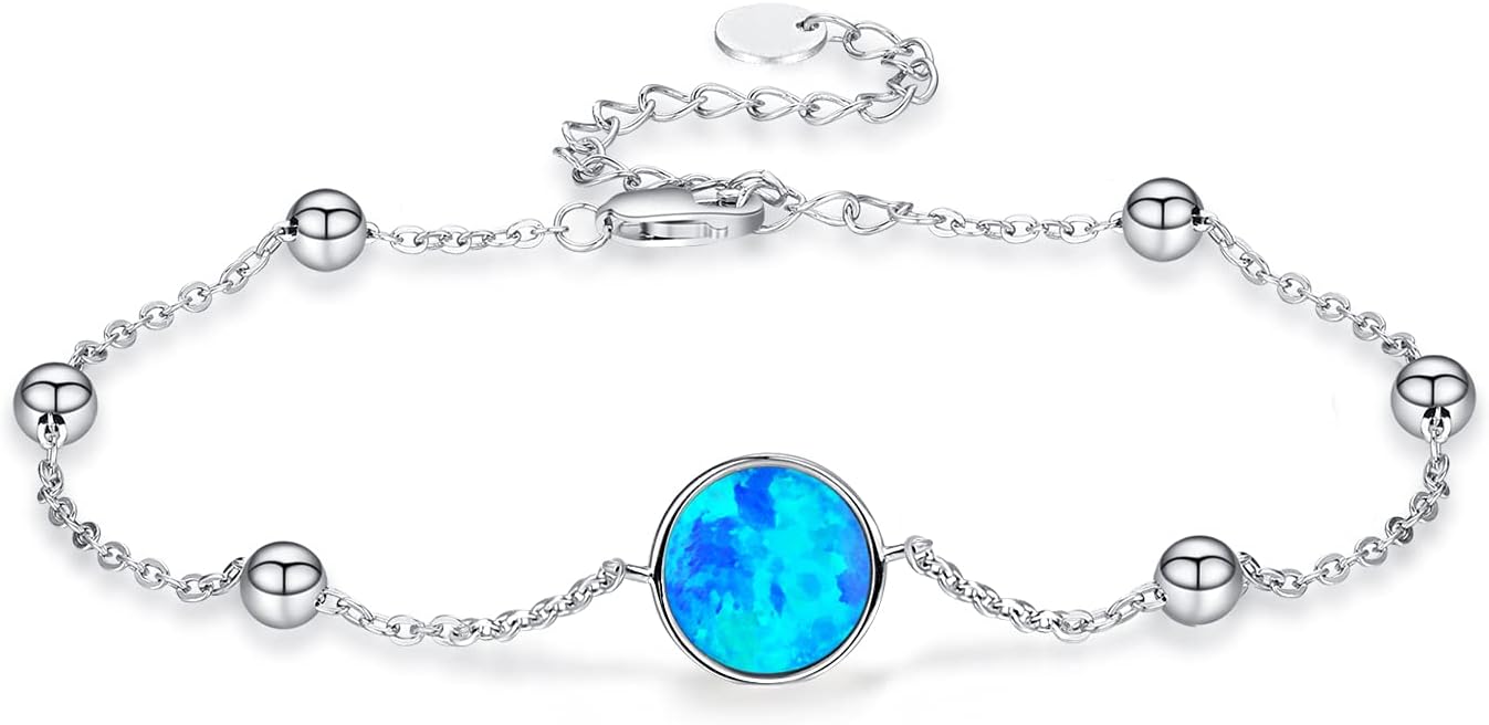TANGPOET Dainty Opal Bracelet for Women 925 Sterling Silver Charm Bracelet Lab Created Opal Jewelry Gift for Mom Daughter Birthday, 7"+2" Length Chain