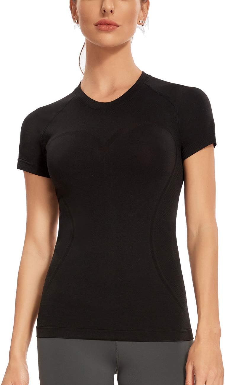 Women's Seamless Workout Shirts Short Sleeve Crew Neck Plain Tees Running Quick Dry Athletic T-Shirt Gym Yoga Tops