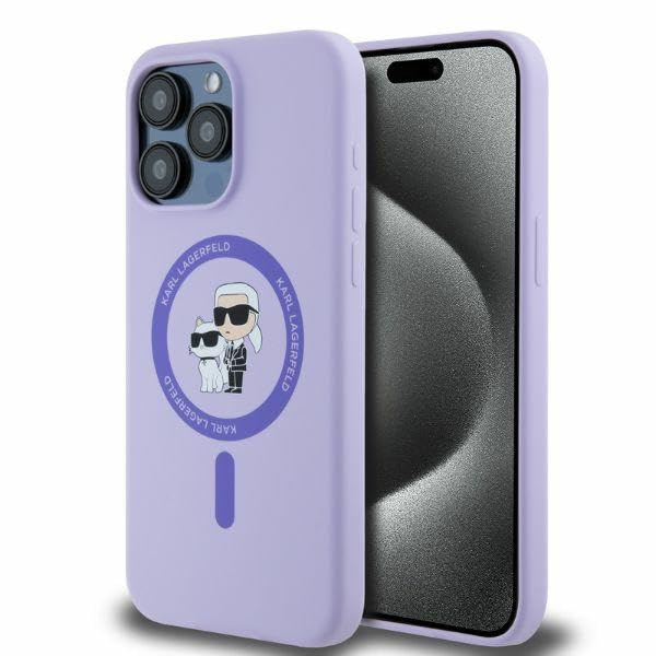 CG Mobile Karl Lagerfeld KLHMP15XSCMKCRHU Coque de Protection pour iPhone 15 Pro Max 6,7" Violet Coque Rigide en Silicone Karl & Choupette Heads Anneau
