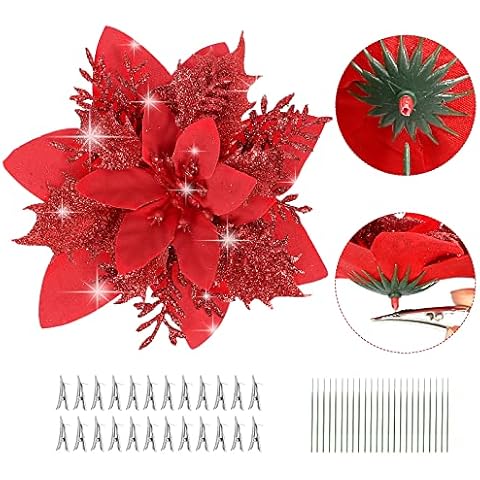N&T NIETING 24Pcs Poinsettias Artificial Christmas Flowers, 5 inch Glitter Christmas Flowers Artificial for Decoration, Xmas Fake Flowers, Red Cover
