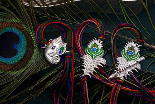Image of Milan Jewellers MorPankh Ganesh ji 99.5 Pure Silver rakhi for brother