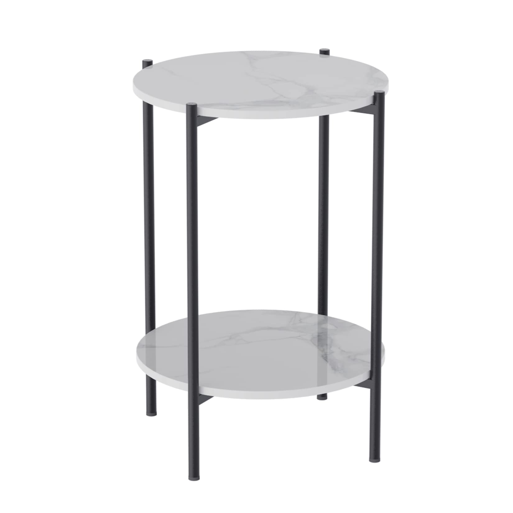 Sintered Stone Bedside Table: 2-Tier End Table Round Side Table White Nightstand with Black Metal Legs Corner Sofa Table for Living Room Bedroom Circular Small Table Tea Table 40.5 x 55cm