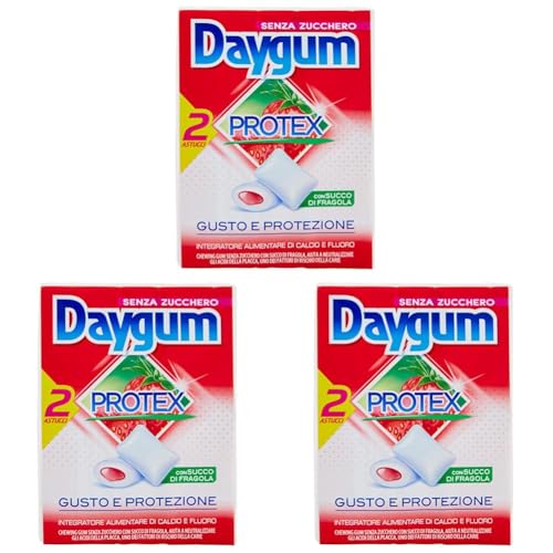 Daygum Protex, Chewing Gum, Gusto Fragola, Senza Zucchero, con Xilitolo, Confezione da 6 Astucci da 24 Gomme da Masticare, da Portare Sempre con te