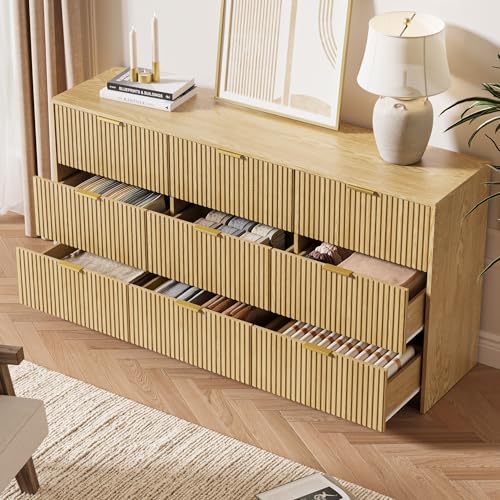 Image of MAISONARIA 63 inch Wide Fluted 9-Drawer Dresser for Bedroom, Natural