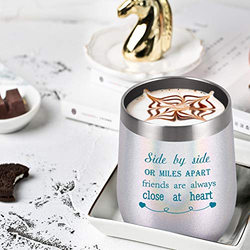 Side By Side or Miles Apart Friends Are Always Close at Heart Wine Tumbler with Lid and Straw, 12 Oz Stainless Steel Wine Tumbler Ideas for Friends Girlfriend Coworker, Glitter Pearl White