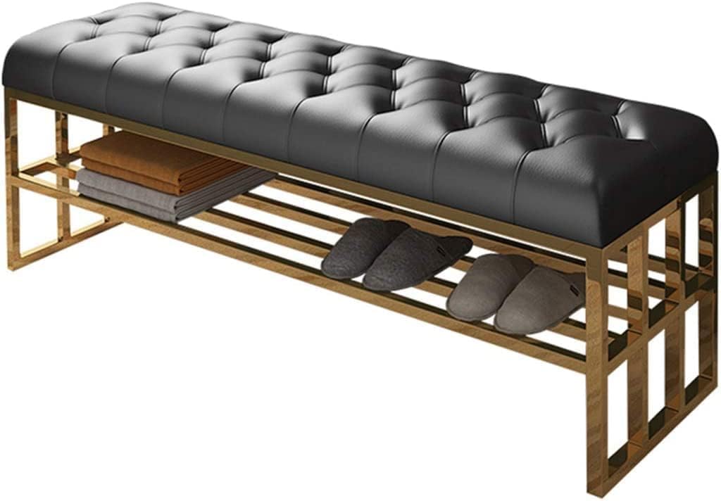 KLGFBDC Shoe Bench Storage and Rack, Stainless Steel Entryway Stool, Modern Leather Bench for Bedroom and Entrance