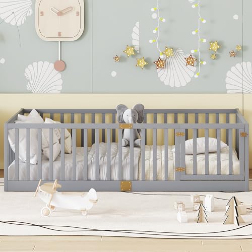 Image of Bellemave Twin Size Kids Montessori Floor Bed Frame with Door and Slats,Solid Wood Floor Bed Frame with Slats and High Fence for Kids,Girls,Boys,Gray